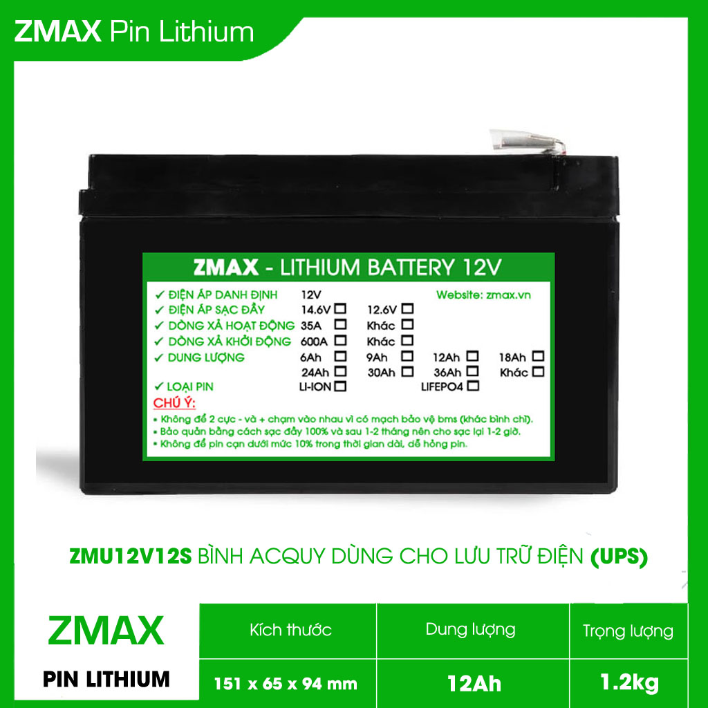 Bình Acquy Pin Lithium LiFePO4 12V 12Ah, ZMU12V12S Dùng Cho UPS