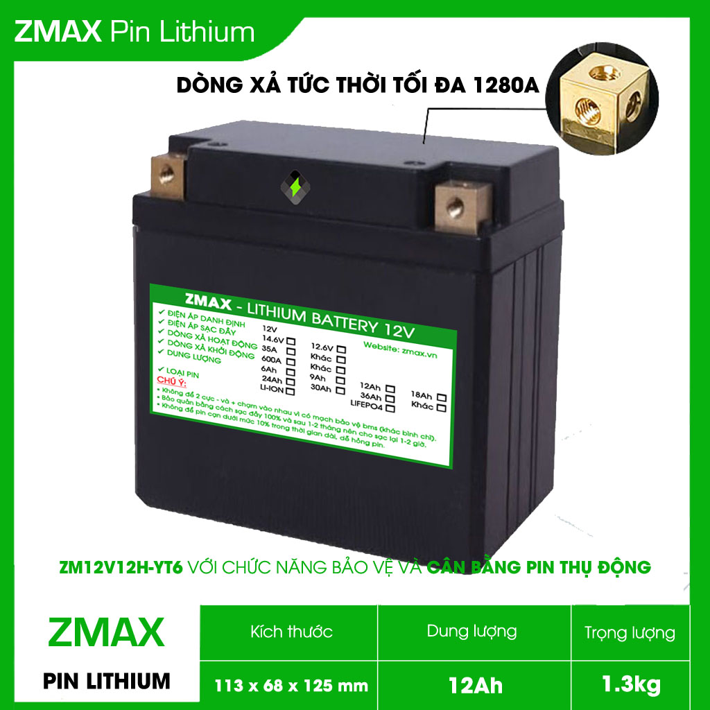 Bình Acquy ZMax Pin Lithium LifePO4 12V 12Ah, ZM12V12H-YT6 Dùng Cho Xe Máy - Xe Mô Tô