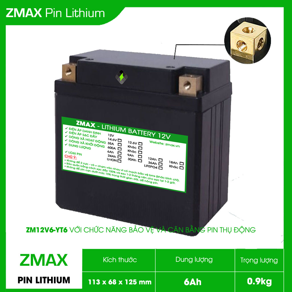 Bình Acquy ZMax Pin Lithium LifePO4 12V 12Ah, ZM12V6-YT6 Dùng Cho Xe Máy - Xe Mô Tô