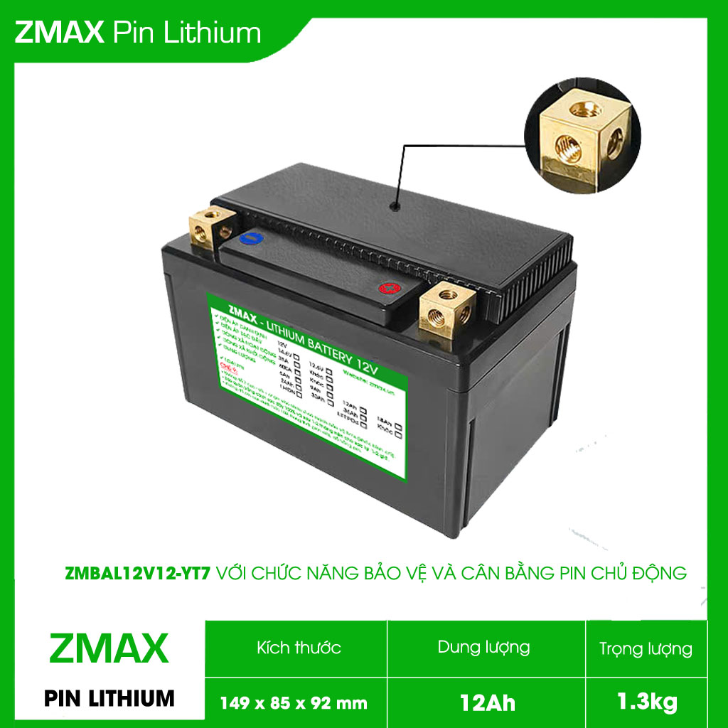 Bình Acquy ZMax Pin Lithium LifePO4 12V 12Ah, ZMBAL12V12-YT7 Dùng Cho Xe Máy - Xe Mô Tô