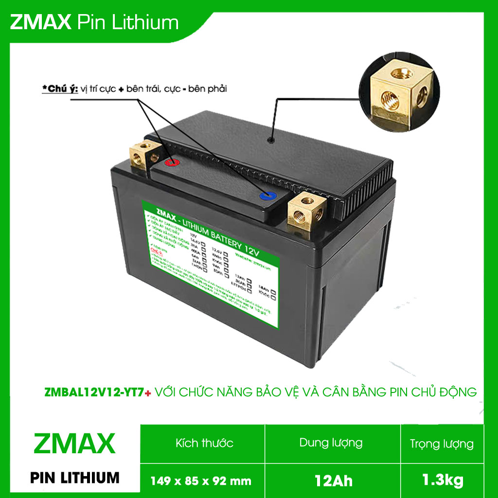 Bình Acquy ZMax Pin Lithium LifePO4 12V 12Ah, ZMBAL12V12-YT7 Plus Dùng Cho Xe Máy - Xe Mô Tô