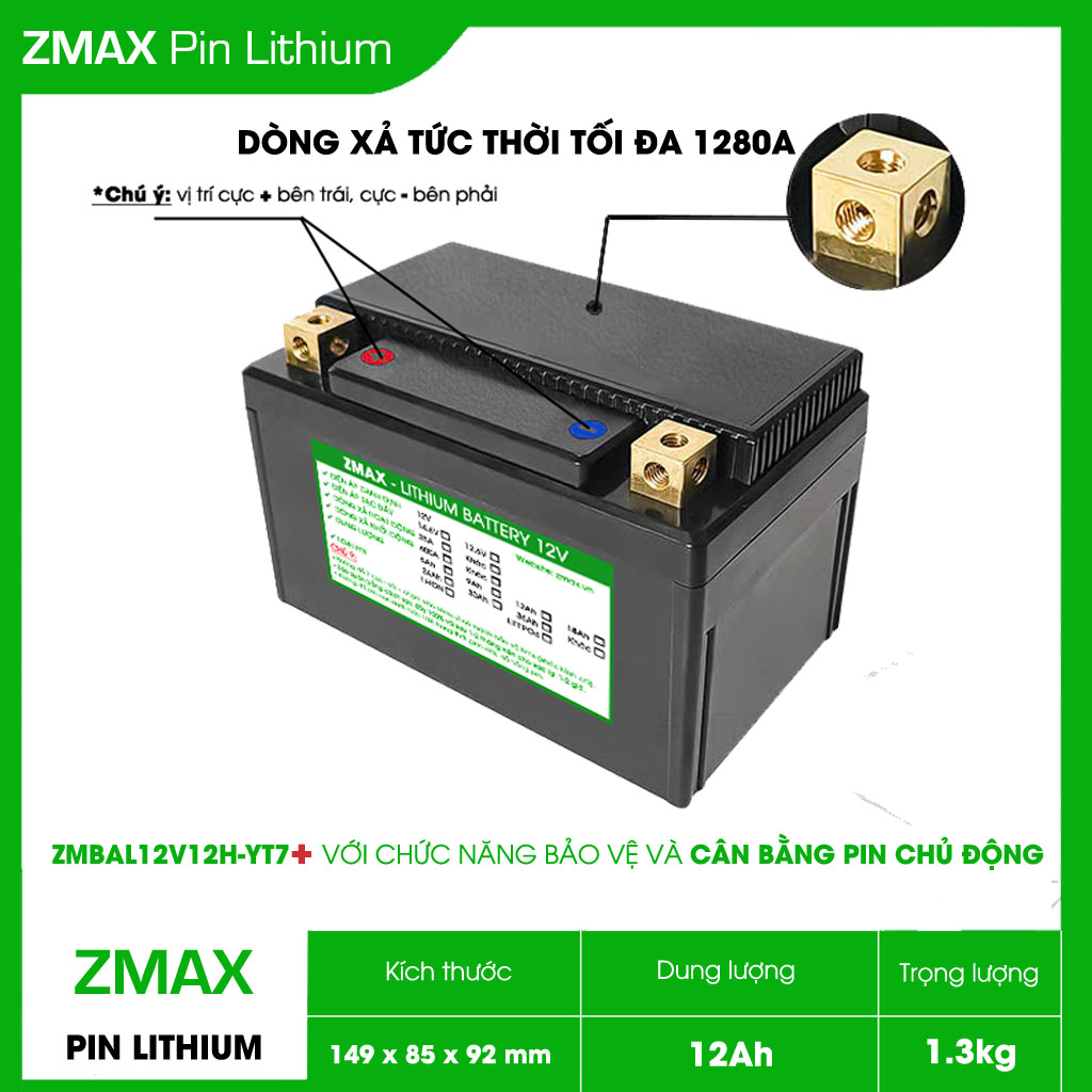 Bình Acquy ZMax Pin Lithium LifePO4 12V 12Ah, ZMBAL12V12H-YT7 Plus Dùng Cho Xe Máy - Xe Mô Tô