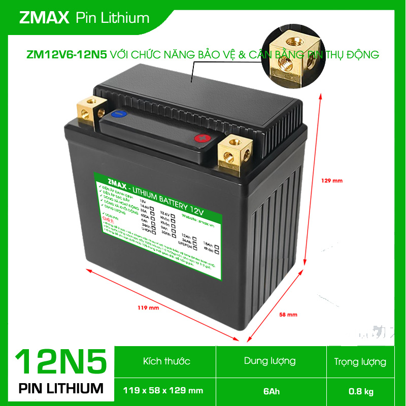 Bình Acquy ZMax Pin Lithium LifePO4 12V 6Ah, ZM12V6-12N5 Dùng Cho Xe Máy - Xe Mô Tô