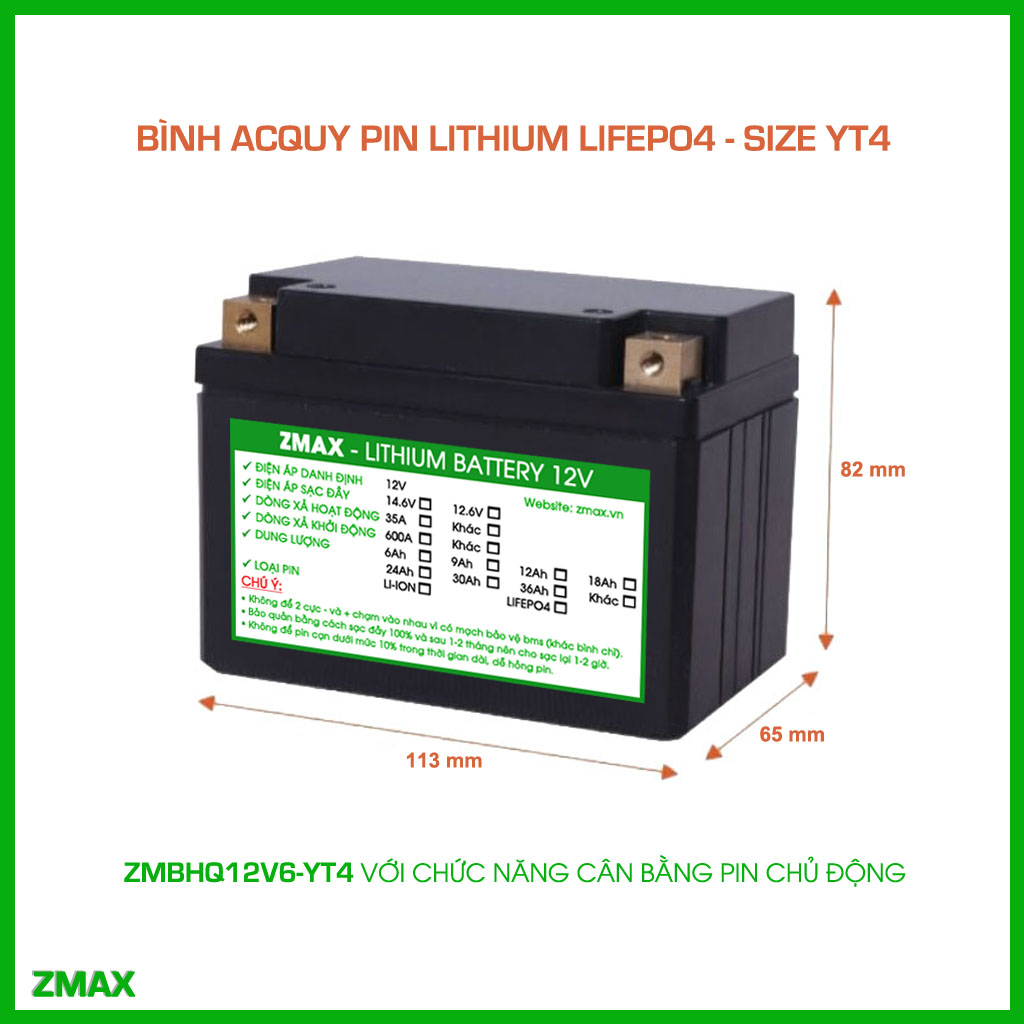Bình Acquy ZMax Pin Lithium LifePO4 12V 6Ah, ZMBHQ12V6-YT4 Siêu tụ Fara, Cân Bằng Chủ Động, Dùng Cho Xe Máy - Xe Mô Tô
