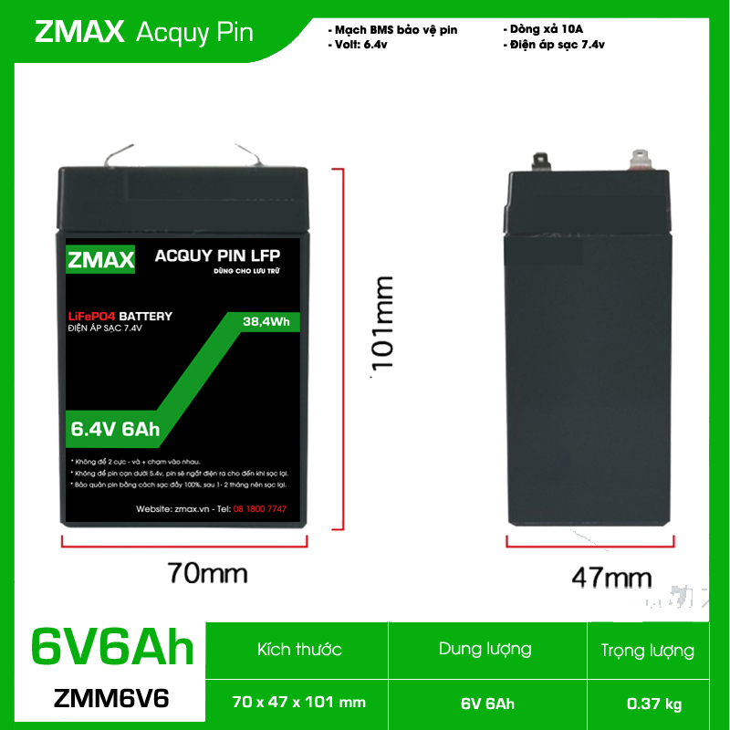 Bình Acquy ZMax Pin Lithium LifePO4 6V 6Ah, ZMM6V6