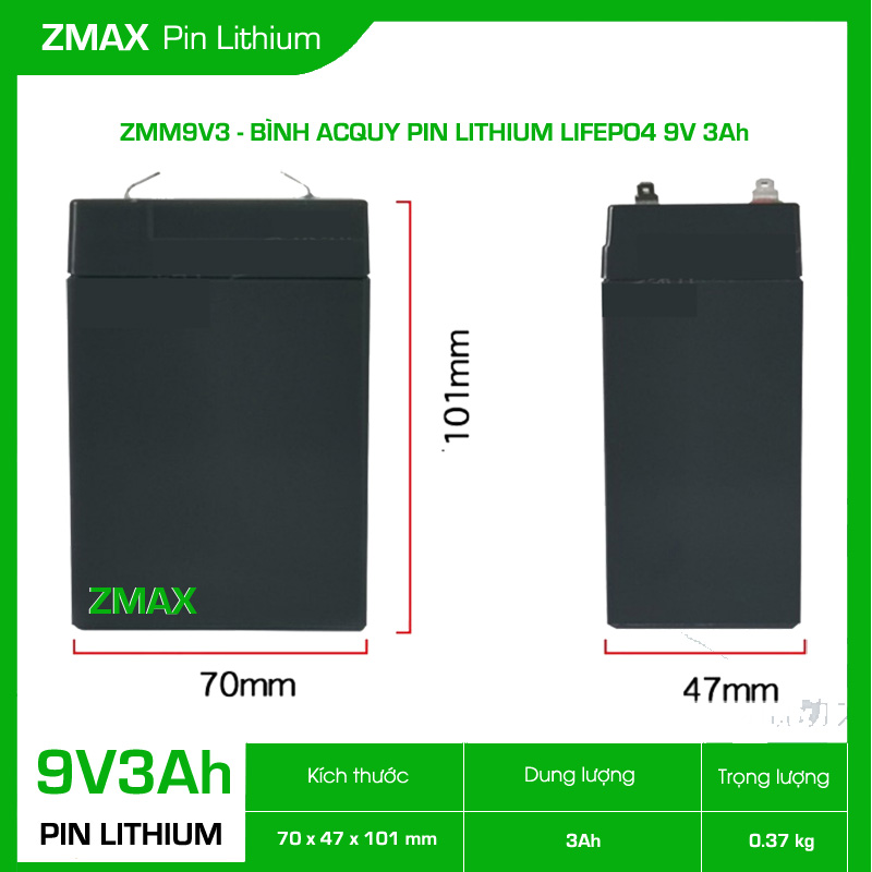 Bình Acquy ZMax Pin Lithium LifePO4 9V 3Ah, ZMM9V3